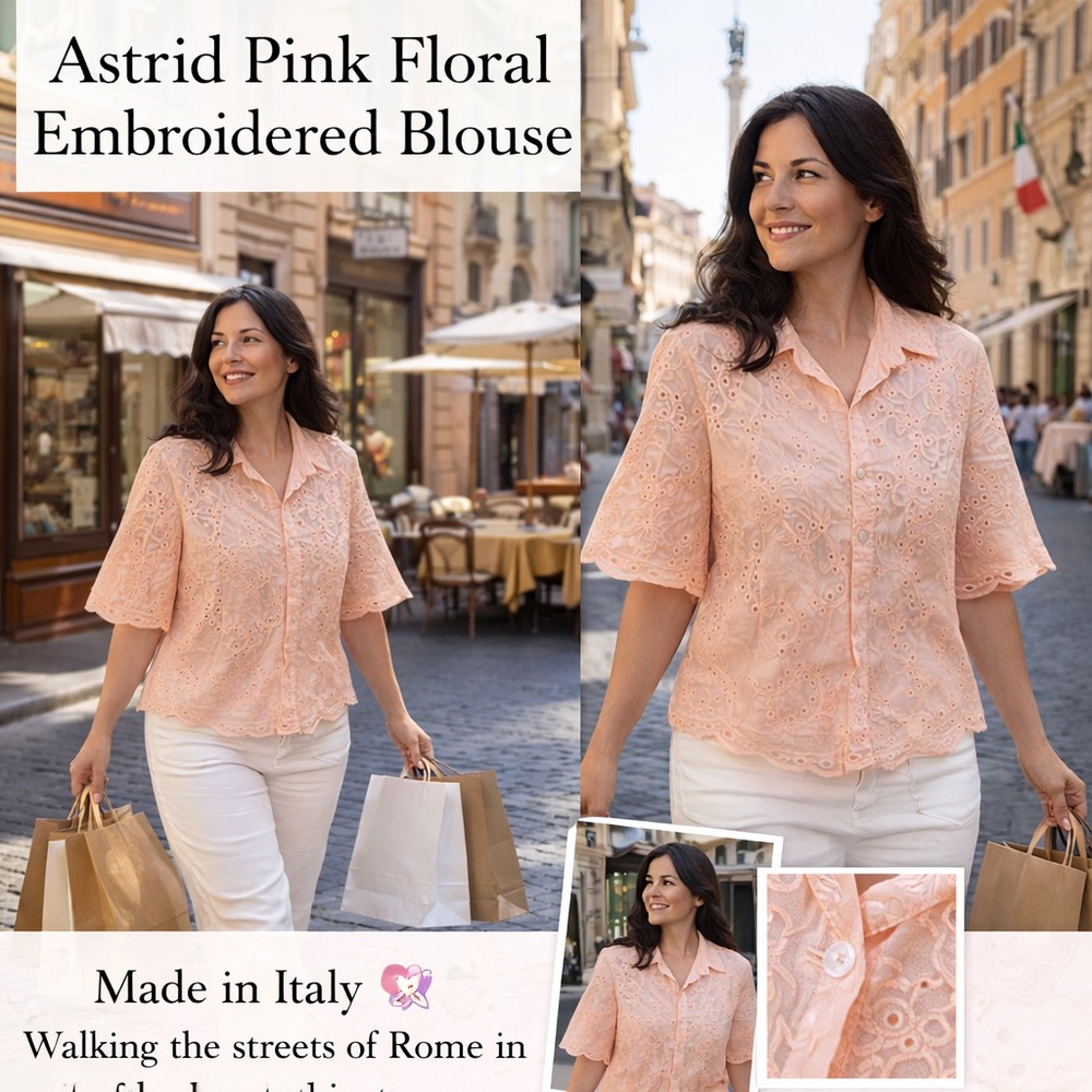 Astrid Pink Floral Embroidered Blouse 🌸 Made in Italy Romantic Eyelet Top Size L - Picture 2 of 10